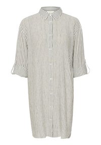 Gestreiftes Button-Up-Hemd in hellbeige und grau, mit Kragen, Drei-Viertel-Ärmeln und lockerer Passform. Weicher Stoff.