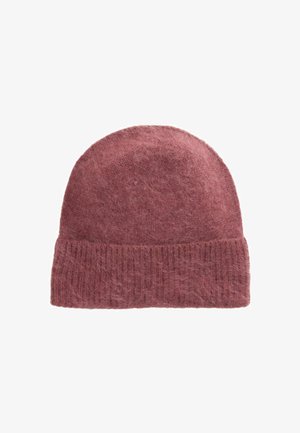 Weiche, flauschige gestrickte Mütze in staubigem Rosaton mit umgeschlagenem Rippbündchen.
