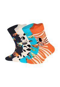 Cotton socks set: navy with vehicles, cream with black spots, turquoise with colorful cars, and orange striped with a face detail.