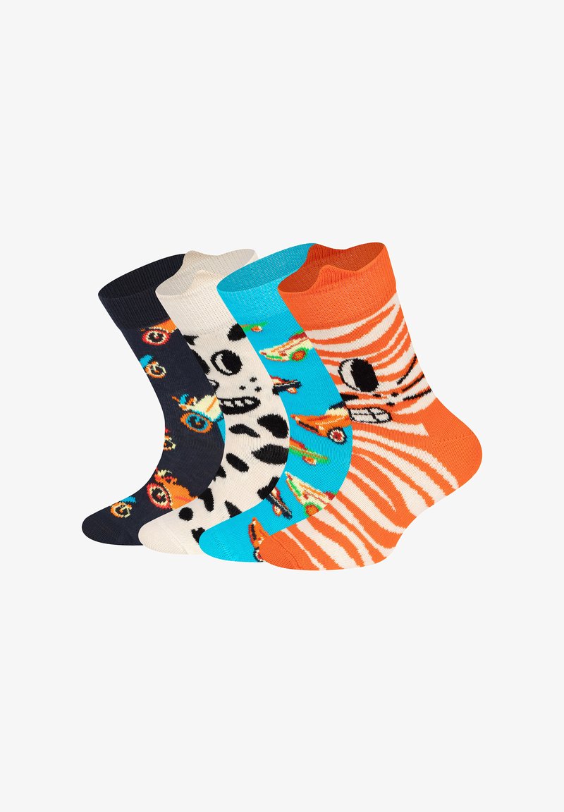Cotton socks set: navy with vehicles, cream with black spots, turquoise with colorful cars, and orange striped with a face detail.