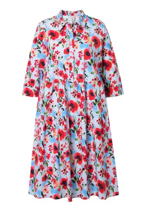 Abito floreale in cotone azzurro chiaro con papaveri rossi e rosa, maniche corte, chiusura a bottoni davanti e gonna a strati.