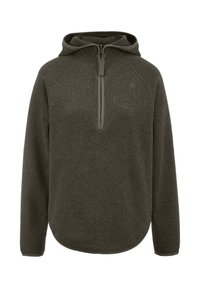 Fleece-Pullover in Dunkelgrün mit einem Halbreißverschluss vorne, Raglanärmeln und abgerundetem Saum. Weiche Textur und verstellbare Kapuze.