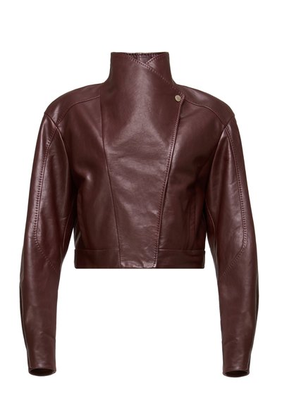 Burgundy leather crop jacket with a high collar, zippered side, and detailed seam stitching. Smooth texture, modern design, and tailored fit.