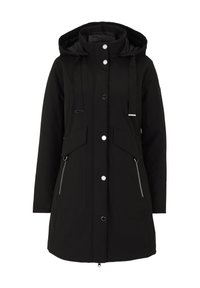 Schwarze wasserfeste Jacke mit Kapuze, ausgestattet mit silbernen Beschlägen, zwei Fronttaschen, seitlichen Reißverschlusstaschen und verstellbaren Kordeln.