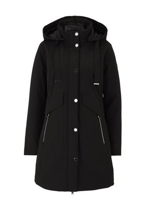 Schwarze wasserfeste Jacke mit Kapuze, ausgestattet mit silbernen Beschlägen, zwei Fronttaschen, seitlichen Reißverschlusstaschen und verstellbaren Kordeln.