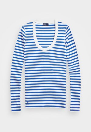 Camiseta de manga larga con rayas horizontales azules y blancas, escote en forma de lágrima y pequeño logo bordado cerca del dobladillo.