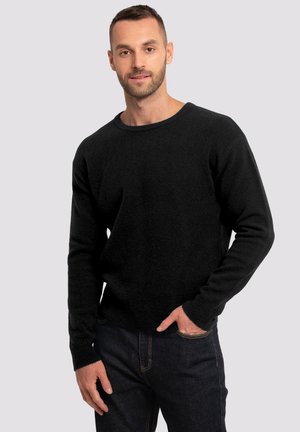 Schwarzer Strickpullover mit rundem Ausschnitt und langen Ärmeln, der eine weiche Textur aufweist. Kombiniert mit dunklen Jeans.