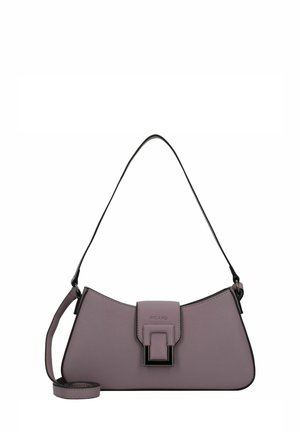 Lila Lederhandtasche mit geschwungener Form, schwarzem Trageriemen und rechteckiger Schnalle. Verfügt über strukturiertes Material und Logo der Marke.