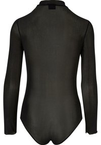 Mustat pitkät hihaiset bodysuit, jossa on korkea kaulus, valmistettu läpikuultavasta kankaasta, joka on sileä. Takana näkyy erityisesti muotoiltu siluetti.