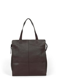 Borsa tote in pelle marrone con superficie texturizzata, due manici superiori e un compartimento laterale con zip. Forma rettangolare con design minimalista.