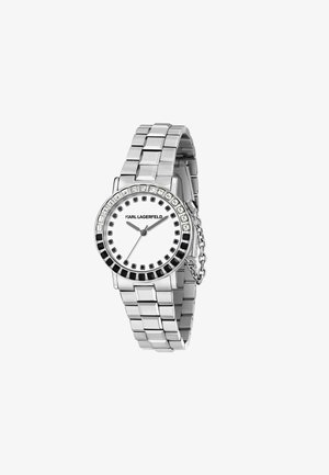 Orologio in acciaio inox argentato con quadrante rotondo bianco, lunetta incrustata di cristalli e design del bracciale a maglia blocco. Presenta dettagli neri.