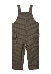 Salopette à carreaux bruns avec des bretelles ajustables, deux poches latérales et une coupe décontractée. Fabriquée à partir d'un tissu texturé avec un motif subtil.