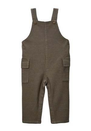 Salopette à carreaux bruns avec des bretelles ajustables, deux poches latérales et une coupe décontractée. Fabriquée à partir d'un tissu texturé avec un motif subtil.
