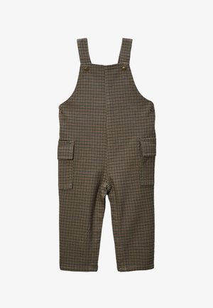 Salopette à carreaux bruns avec des bretelles ajustables, deux poches latérales et une coupe décontractée. Fabriquée à partir d'un tissu texturé avec un motif subtil.