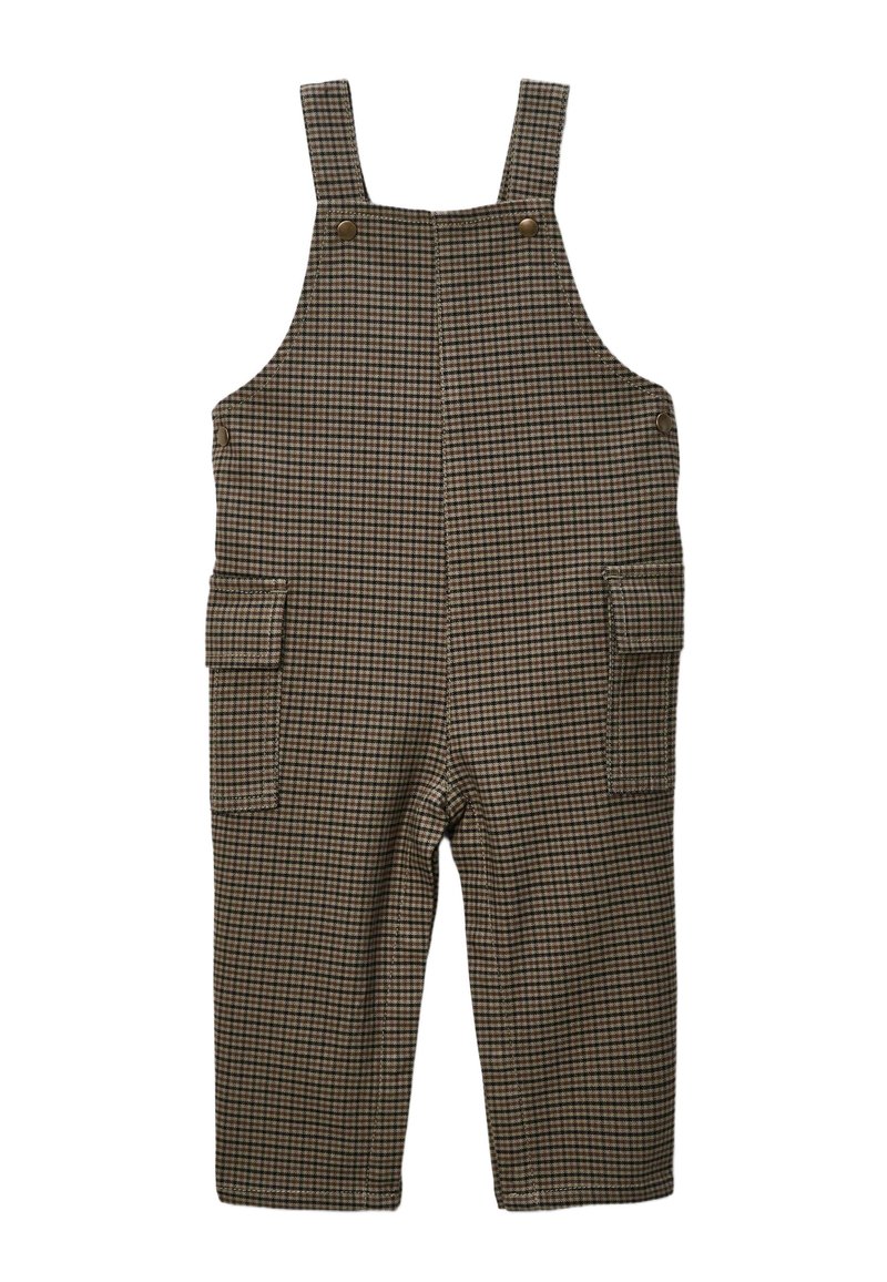 Salopette à carreaux bruns avec des bretelles ajustables, deux poches latérales et une coupe décontractée. Fabriquée à partir d'un tissu texturé avec un motif subtil.