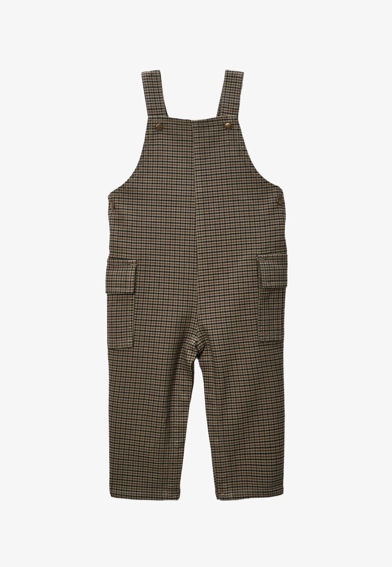 Salopette à carreaux bruns avec des bretelles ajustables, deux poches latérales et une coupe décontractée. Fabriquée à partir d'un tissu texturé avec un motif subtil.