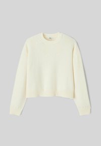 Pull court crème à manches longues avec poignets et ourlet côtelés, doté d'une broderie florale discrète près de l'encolure ronde.