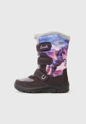 Botas infantiles moradas y grises con un cuello forrado de pelo, que presentan un gráfico de unicornio y dos correas de Velcro. Suela de goma gruesa y texturizada.