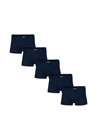Set di cinque slip boxer in cotone blu navy. Presentano un taglio dritto, una vita elastica con logo e dettagli cuciti. Texture liscia.