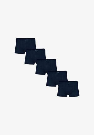 Set of five navy blue cotton boxer briefs. Features a straight cut, elastic waistband with logo, and stitched detailing. Smooth texture.