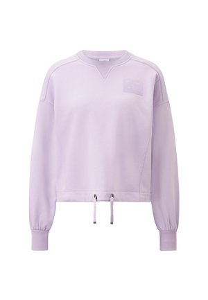 Lavendel Cropped-Sweatshirt mit ribbed Halsausschnitt, langen Ärmeln und verstellbaren Kordeln am Saum. Verfügt über ein strukturiertes Logo-Patch.