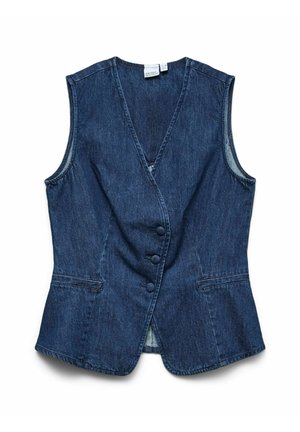 Veste en denim bleu foncé sans manches avec encolure en V, trois boutons recouverts et deux poches horizontales fendues à l'avant.
