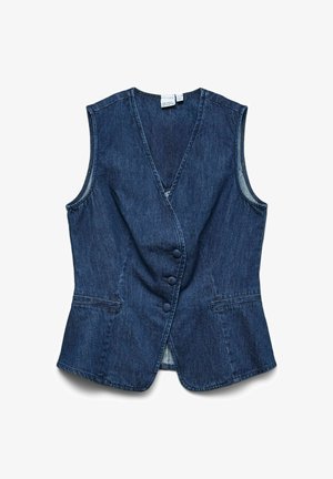 Veste en denim bleu foncé sans manches avec encolure en V, trois boutons recouverts et deux poches horizontales fendues à l'avant.