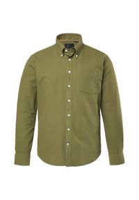 Olivgrünes, langärmliges Hemd aus strukturiertem Stoff mit Kragen, Brusttasche und weißen Knöpfen entlang der Knopfleiste.