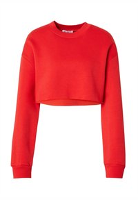 Rode cropped sweatshirt met lange mouwen, ronde hals en geribde boorden. Gemaakt van zachte stof, met een gladde textuur.