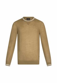 Beiger Pullover mit langen Ärmeln und rundem Ausschnitt, der einen kontrastierenden weißen Streifen entlang des Kragens und der Bündchen aufweist. Glatte Textur.