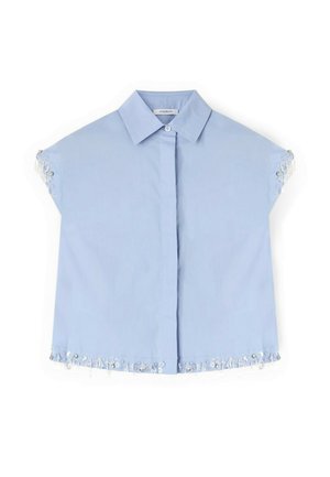 Lichtblauwe blouse met korte mouwen, een puntige kraag, verborgen knopen aan de voorkant en kralenrand op de mouwen en zoom.