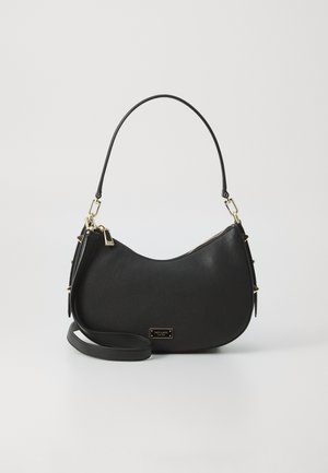 Black leather shoulder bag with a curved shape, gold hardware accents, a single top handle, and an adjustable shoulder strap. Textured finish.