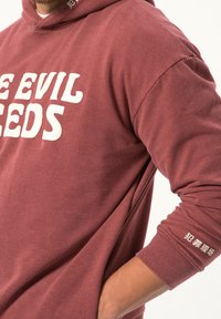 Bordový mikina s bílým textem "THE EVIL SEEDS". Obsahuje klokaní kapsu, nastavitelnou kapuci a manžety se žebrovaným vzorem. Měkká směs bavlny.