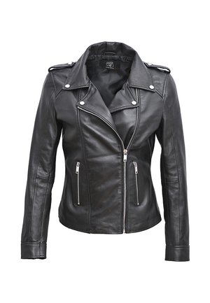 Schwarze Leder-Motorradjacke mit silbernen Reißverschlussakzenten, Schulterklappen und einem geschwungenen Kragen, ausgestattet mit einer taillierten Passform und glatter Textur.