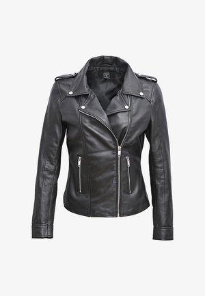 Zwarte leren motorjack met zilveren ritsaccenten, epauletten en een gekartelde kraag, met een aansluitend ontwerp en een gladde textuur.
