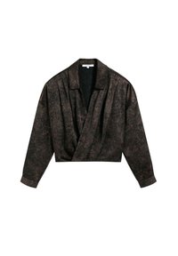 Blusa envolvente de manga larga texturada en marrón oscuro, con un cuello amplio y dobladillo ligeramente recortado, diseñada para un ajuste relajado.
