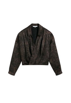 Bluză închisă la culoare, texturată, cu mânecă lungă, cu un guler larg și un tiv ușor scurt, concepută pentru o croială lejeră.