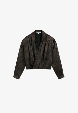 Dark brown textured long-sleeve wrap blouse with a wide collar and slightly cropped hem, designed for a relaxed fit.