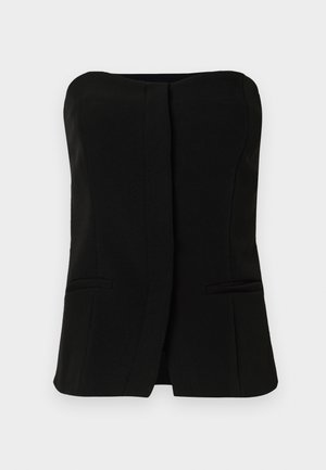 Haut noir sans manches avec un décolleté droit, une patte de boutonnage sur le devant et deux poches latérales dissimulées. Tissu lisse avec une coupe ajustée.