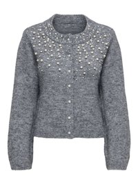 Cardigan grigio lavorato a maglia con scollo rotondo, decorato con perle finte sulla parte superiore anteriore. Caratterizzato da chiusura con bottoni e polsini a coste.