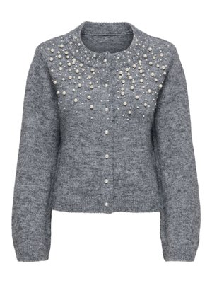 Gray knitted cardigan with a round neckline, adorned with faux pearls on the upper front. Features button closure and ribbed cuffs.