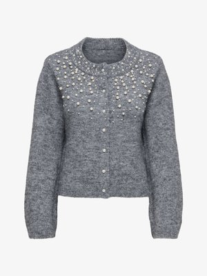 Gray knitted cardigan with a round neckline, adorned with faux pearls on the upper front. Features button closure and ribbed cuffs.