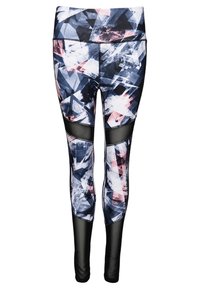 Leggings con un motivo geometrico in blu, bianco e rosa, con dettagli in rete lungo le gambe inferiori. Realizzati in tessuto elastico e leggero.