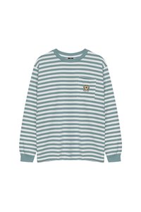 Langermet stripete skjorte i lys teal og hvit bomull, med brystlomme med brodert design samt ribbestrikket hals og manchetter.