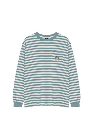Long-sleeve striped shirt in light teal and white cotton, featuring a chest pocket with an embroidered design and ribbed neckline and cuffs.