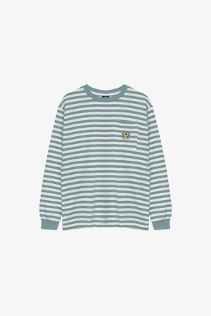 Lange mouwen gestreepte blouse in licht teal en witte katoen, met een borstzak met een geborduurd ontwerp en ribgebreide halslijn en manchetten.