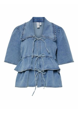 Lyseblå denimtop med peplum-silhuet, korte pufærmer, bølget krave og justerbar snor i taljen.