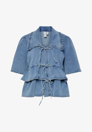 Lyseblå denimtop med peplum-silhuet, korte pufærmer, bølget krave og justerbar snor i taljen.