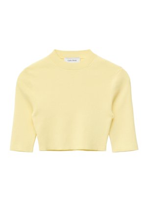 Pull court en maille jaune pâle à manches courtes, col rond côtelé et silhouette ajustée.