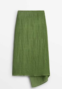 Jupe midi verte, texturée, avec un ourlet légèrement asymétrique et une finition froissée, fabriquée en tissu léger. Convient à diverses occasions.